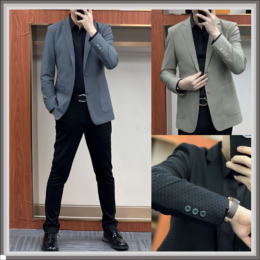 春秋季男士立体感华夫格单排扣商务休闲西服轻奢舒适百搭西装外套