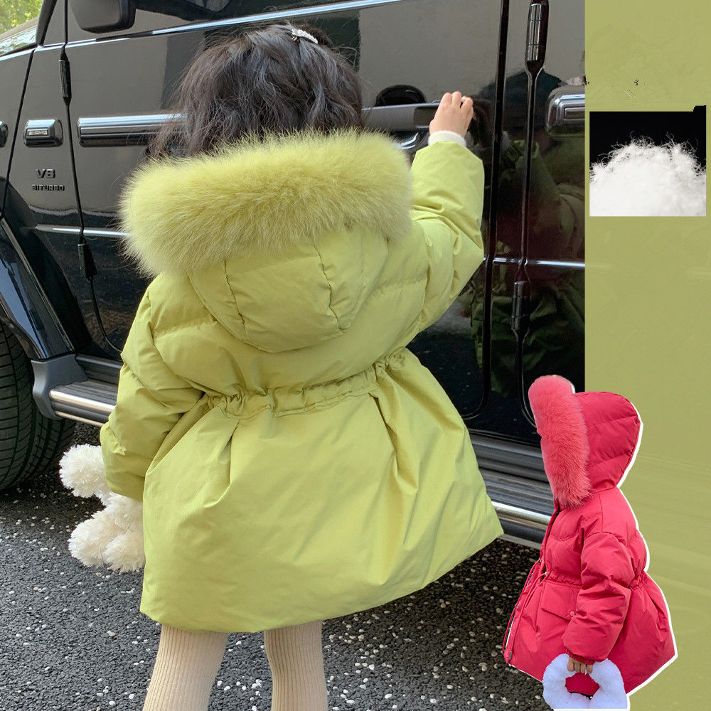 鸭鸭女童2023冬装新款百搭儿童收腰中长款韩版羽绒服女宝宝保暖休