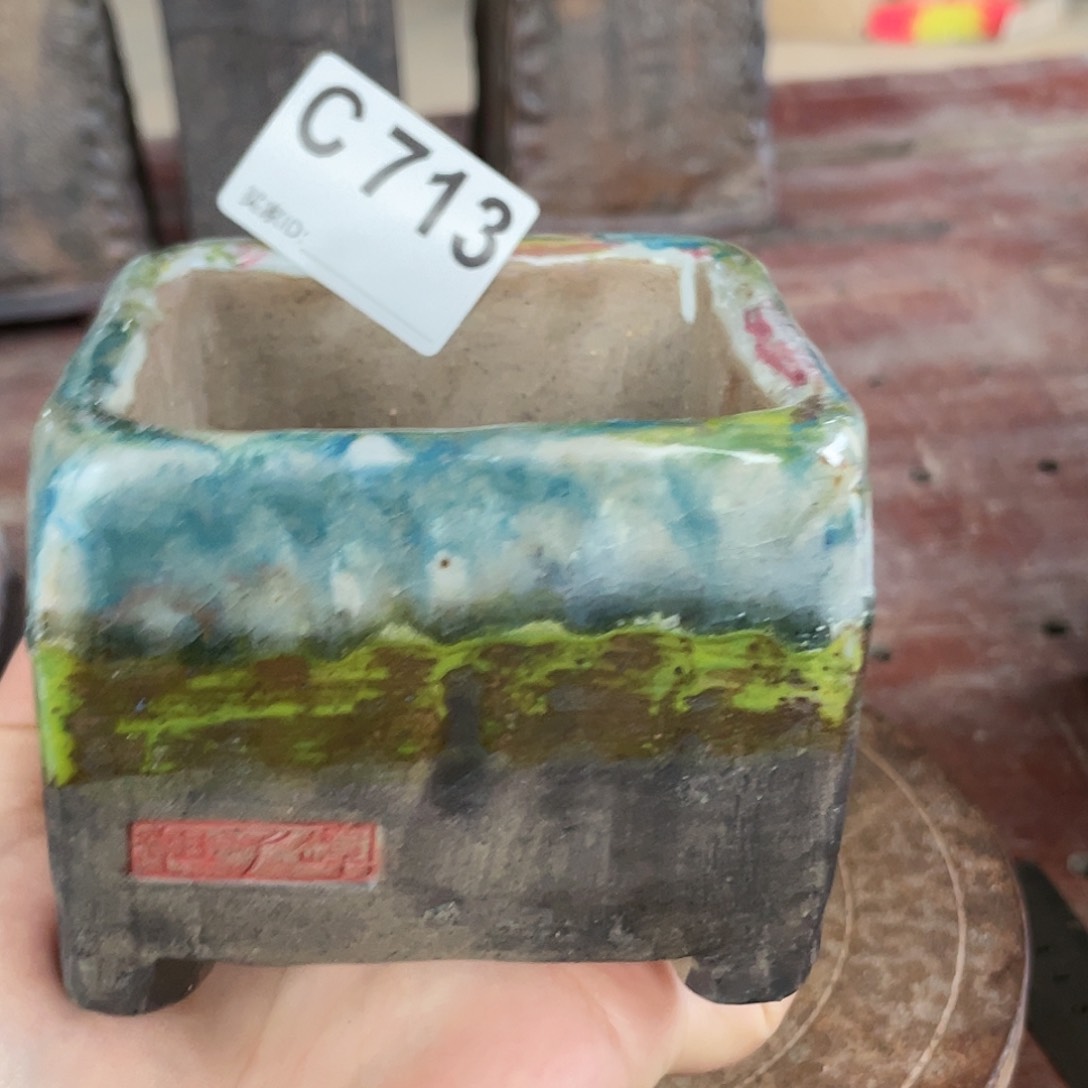 紫砂花盆孤品 不规则 油画山石方盆外口9