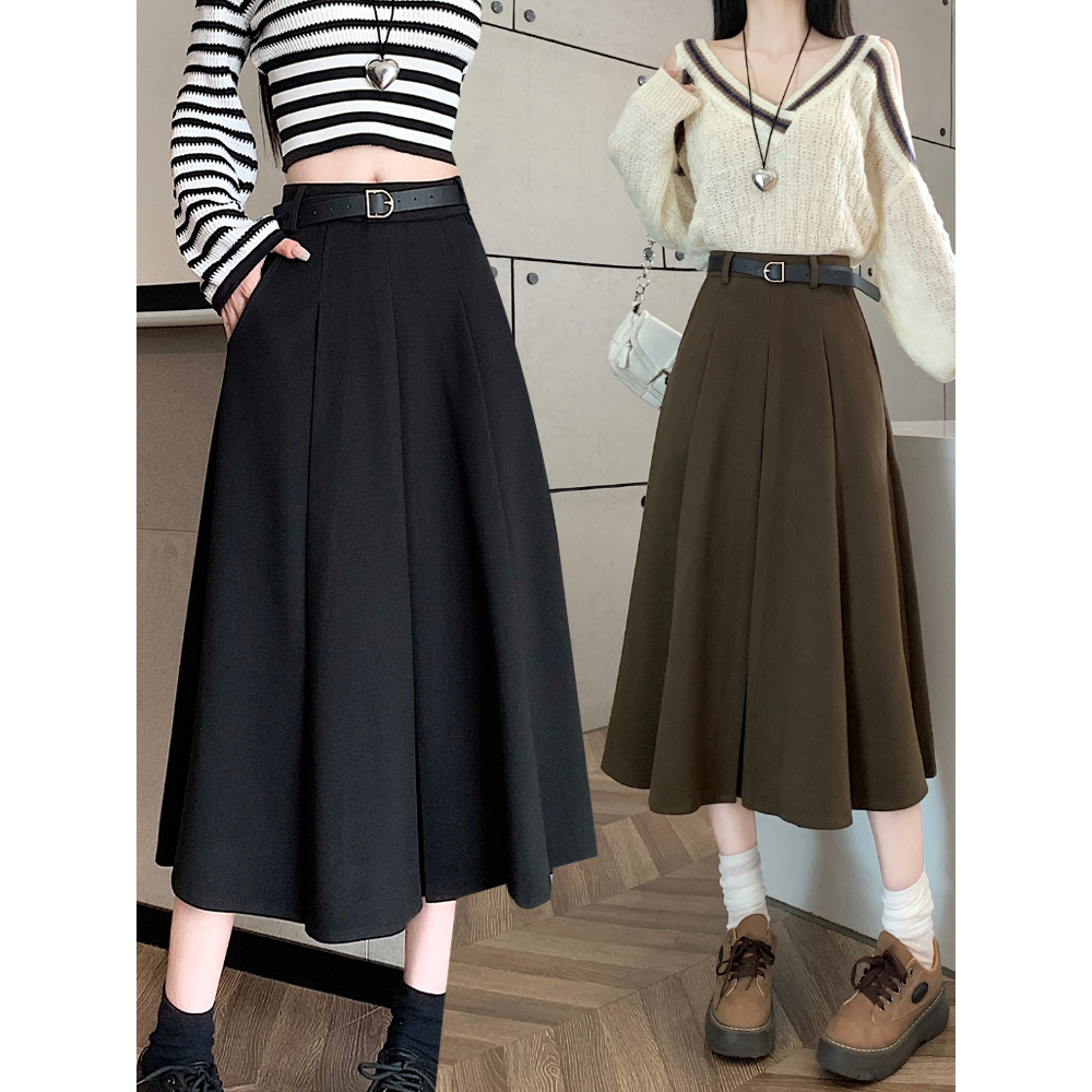 黑色毛呢百褶半身裙女秋冬A字裙2024新款裙子高腰中长款伞裙长裙