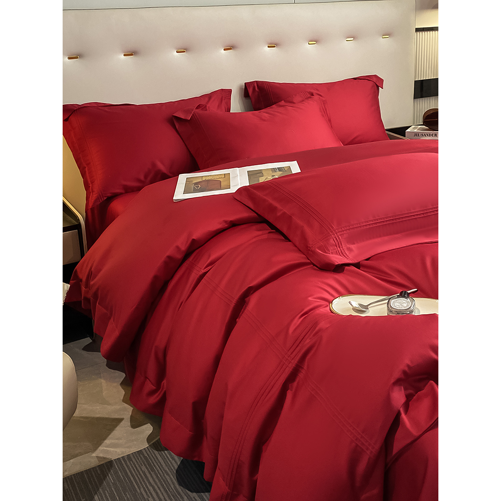 水星家纺结婚铺床上用品大红色简约纯色四件套新婚庆100支长绒棉