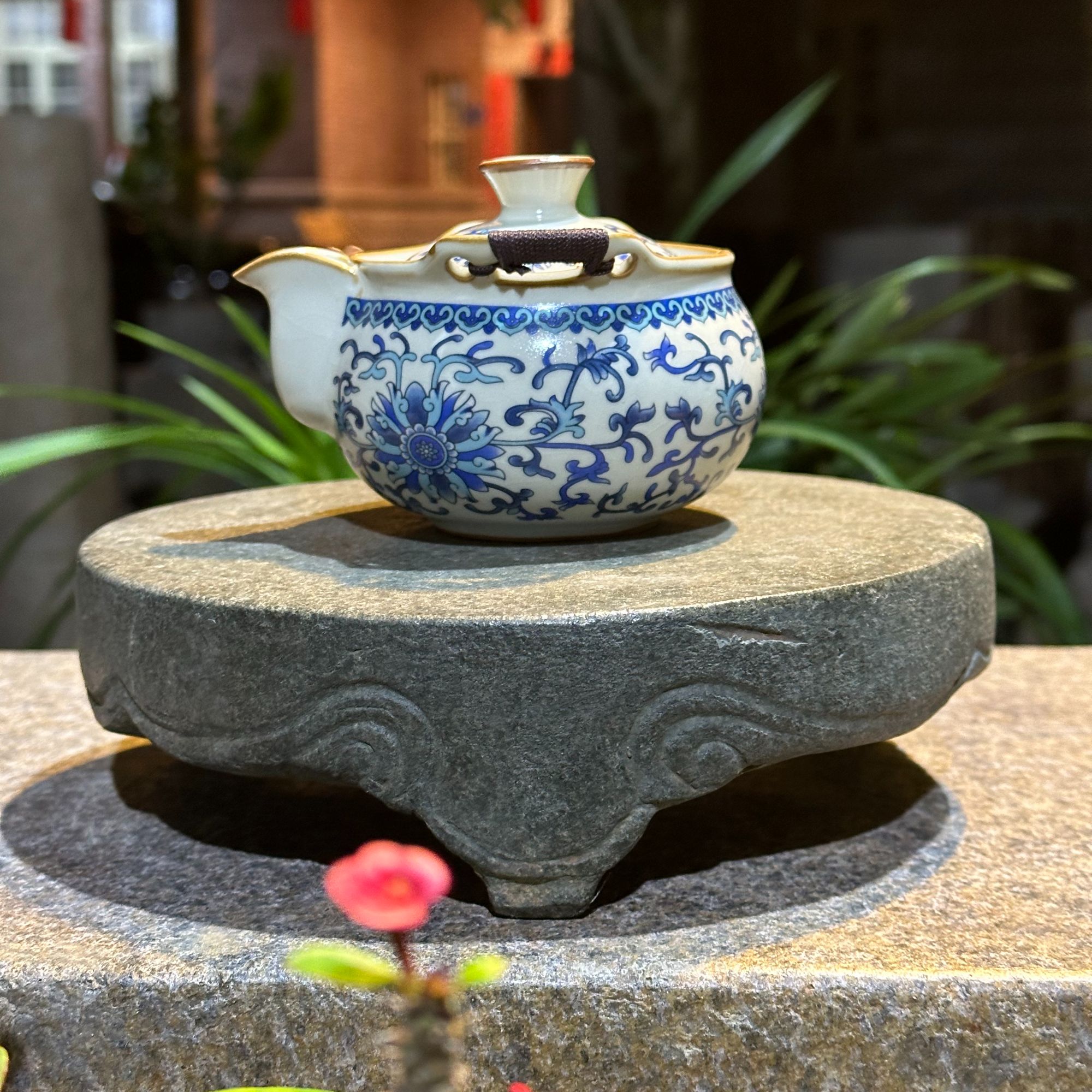 院景翁三脚圆形承台石头壶承石雕杯托户外庭院造景摆件