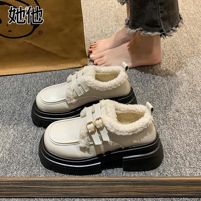 【万达专柜清仓】棕色小皮鞋女加棉2024冬季新款保暖毛毛鞋子女黑色