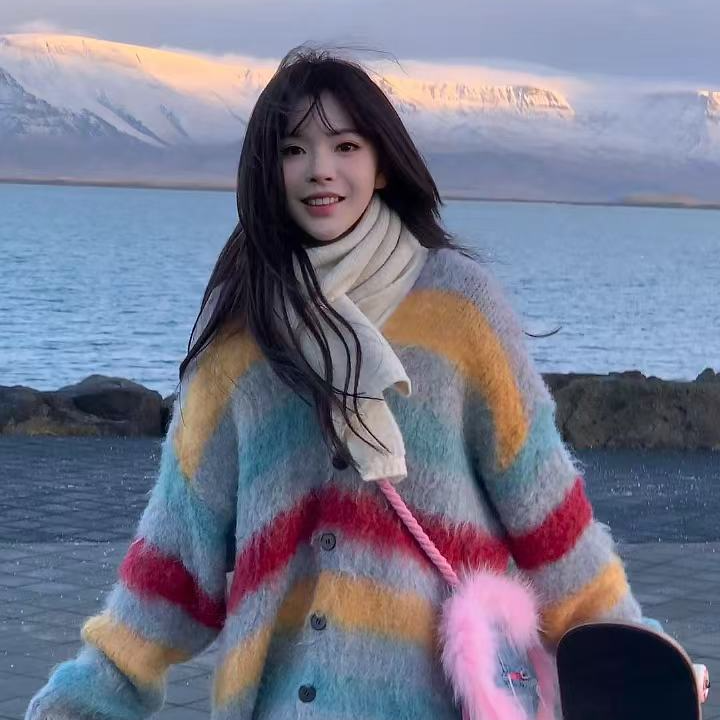 TEEINXX彩虹条纹毛衣女温柔风宽松慵懒风开衫流苏针织衫VK888