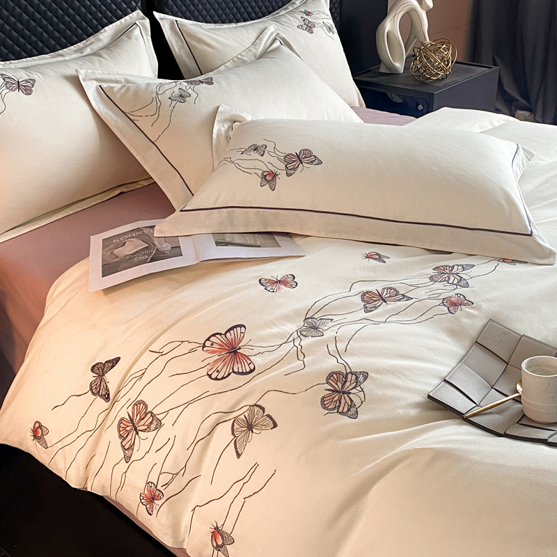 蝴蝶刺绣轻奢100S长绒棉磨毛四件套纯棉秋冬被套床单高端床品套件