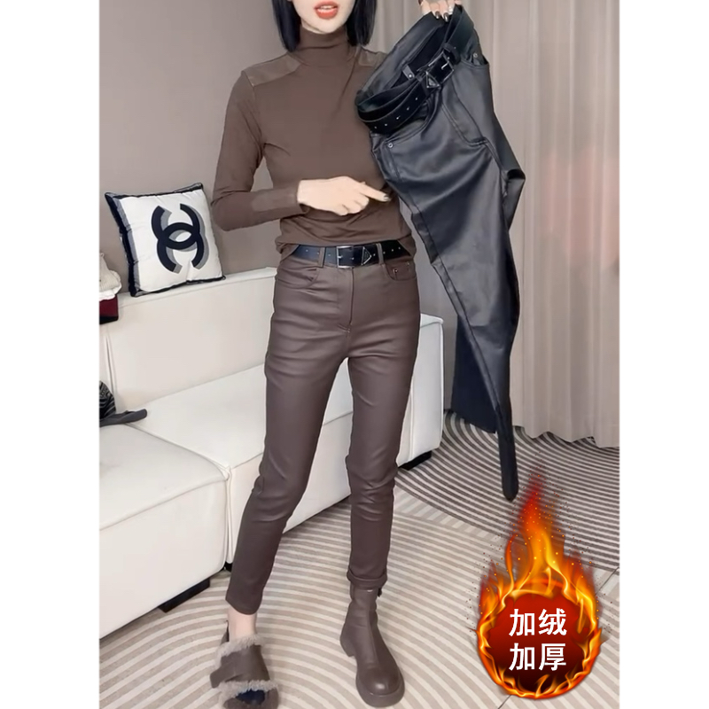 Aimeerosa/艾洛莎休闲裤宽松保暖九分裤冬季新款加绒涂层烟管裤女