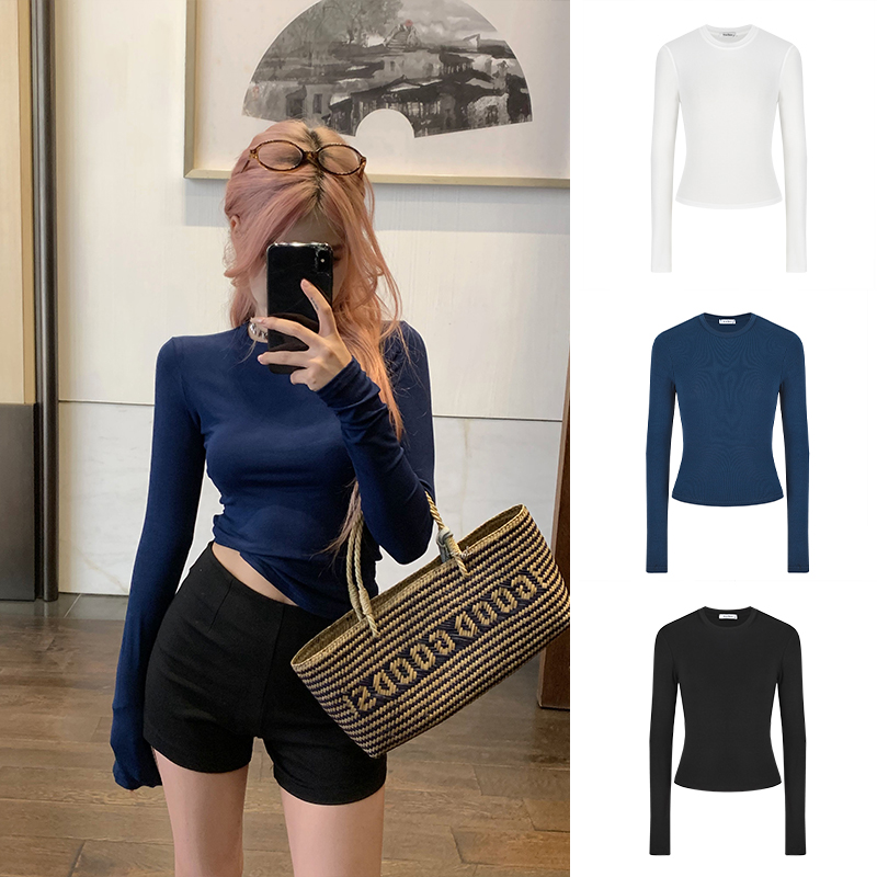 Moses Queen/魔西女王正肩掐腰长袖T恤秋冬加绒修身显瘦圆领上衣