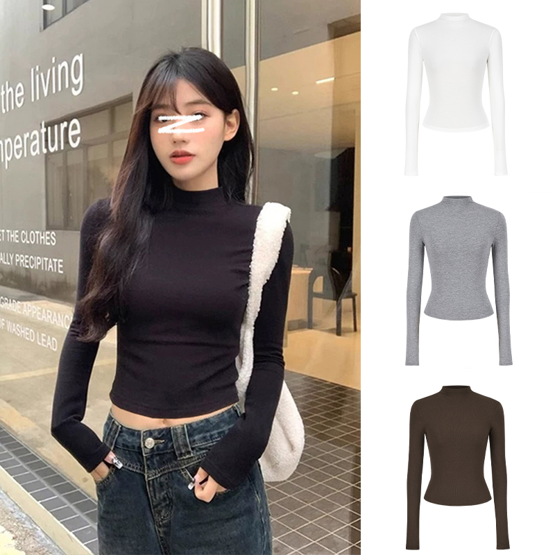 Moses Queen/魔西女王半高领短款修身打底衫辣妹显瘦磨毛长袖T恤