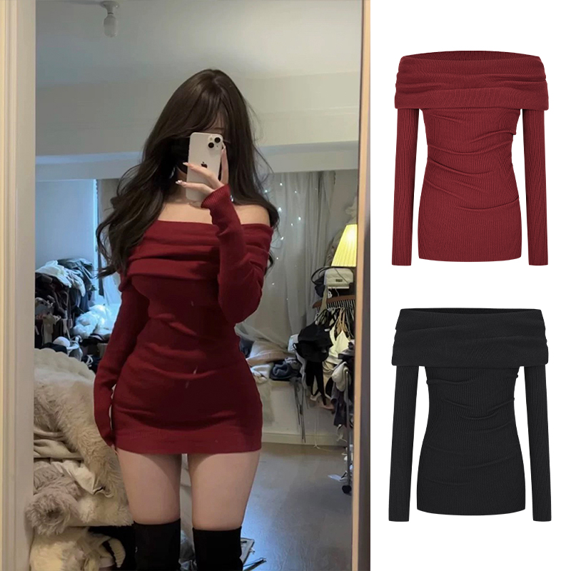 Moses Queen/魔西女王法式圣诞红战袍一字肩针织连衣裙纯欲包臀裙