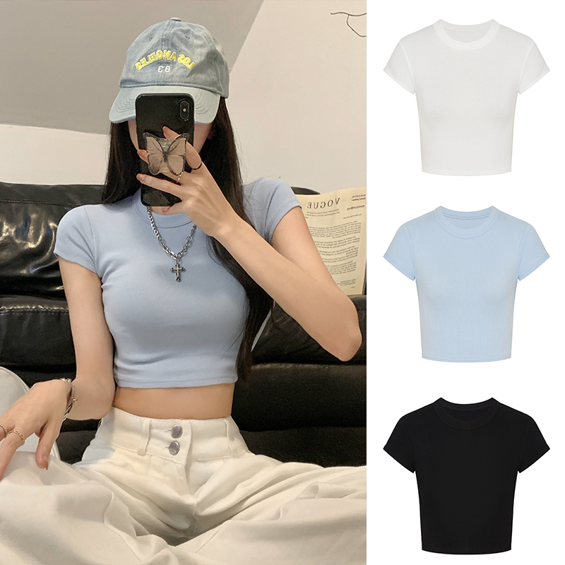 Moses Queen/魔西女王辣妹露脐短袖正肩T恤圆领修身显瘦短款上衣