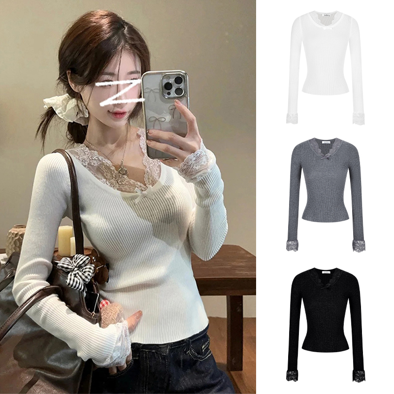 Moses Queen/魔西女王蕾丝V领拼接纯欲针织衫修身气质长袖上衣