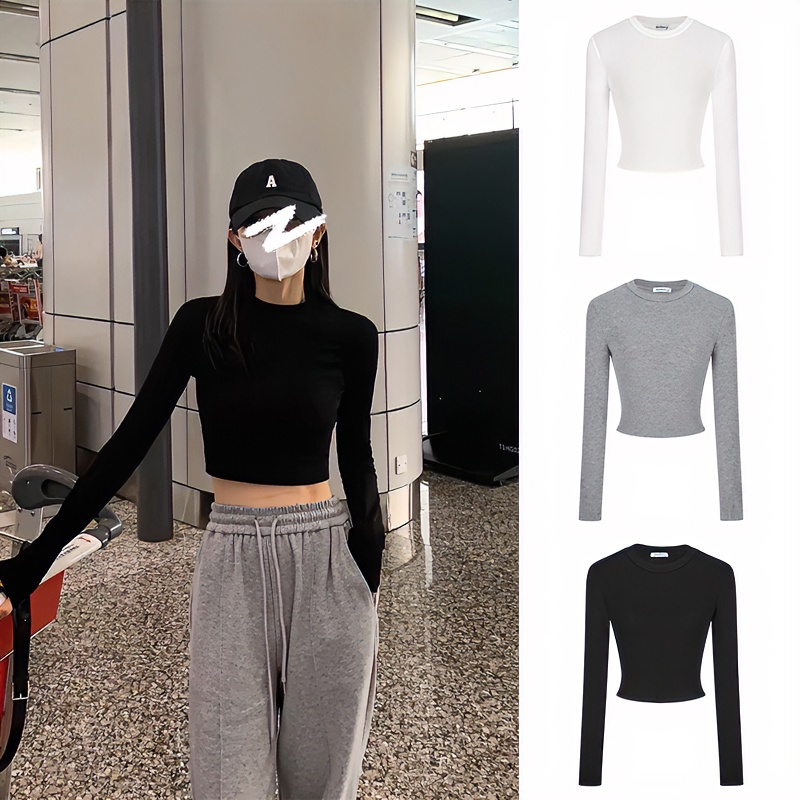 Moses Queen/魔西女王黑色短款打底衫T恤韩版修身百搭长袖上衣女