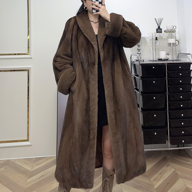22924丨气质长款青果领咖啡色貂皮大衣女水貂外套时尚休闲