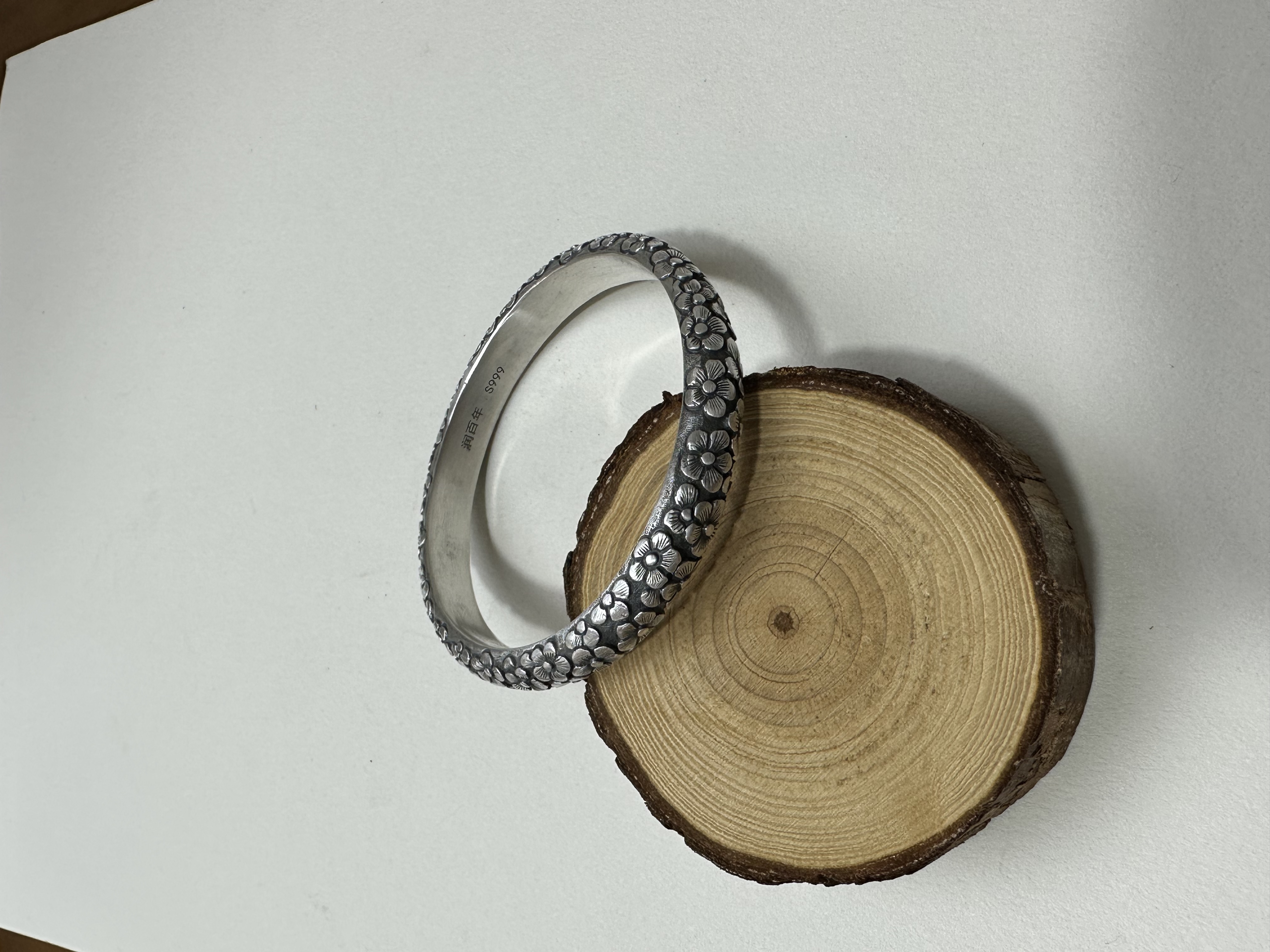 足银手镯 足银999墨梅银手镯女手工梅花复古做旧原创设计款女