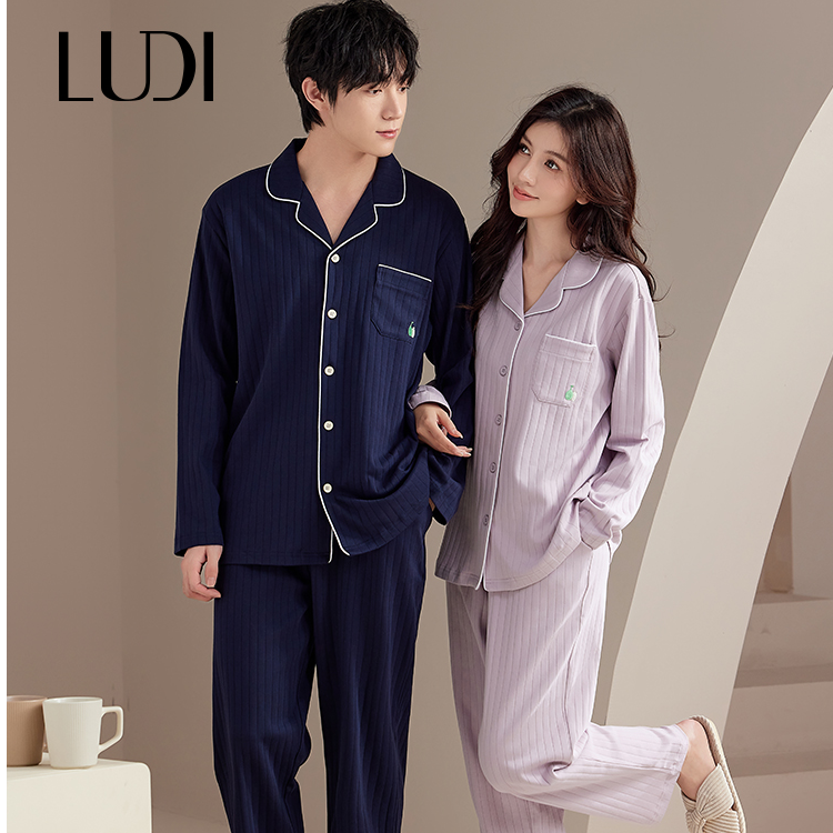 露迪尚品LDC247087-C247088情侣春秋翻领棉质长袖条纹睡衣家居服