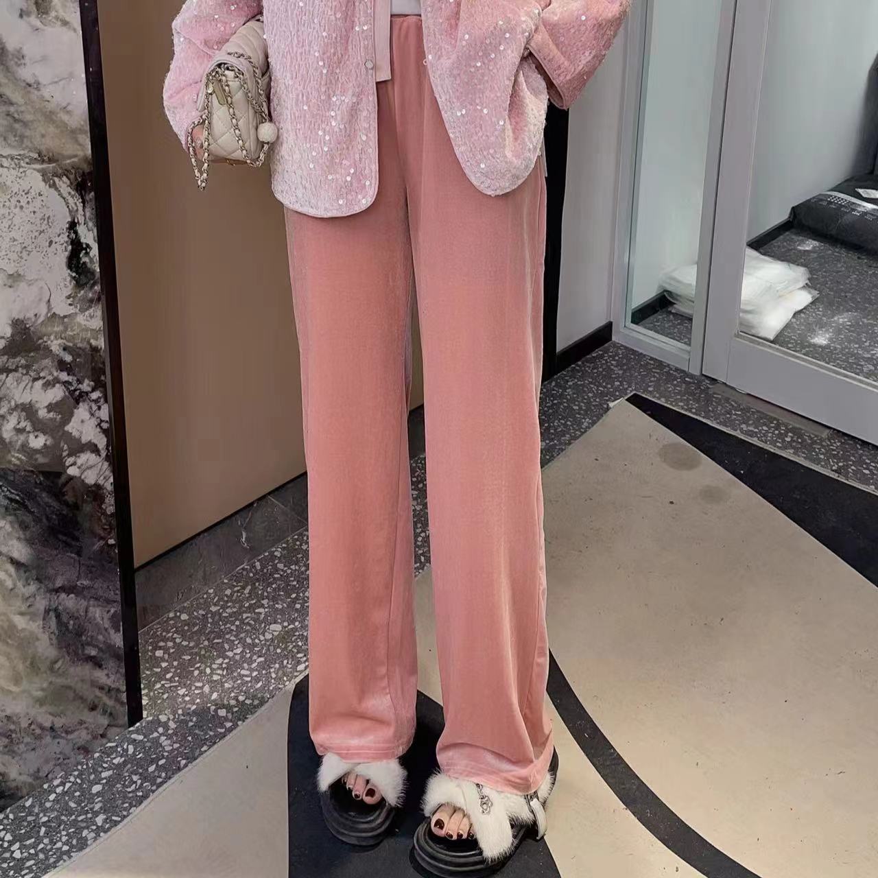 蜜桃丝绒休闲百搭显瘦防透直筒休闲裤女24A0066