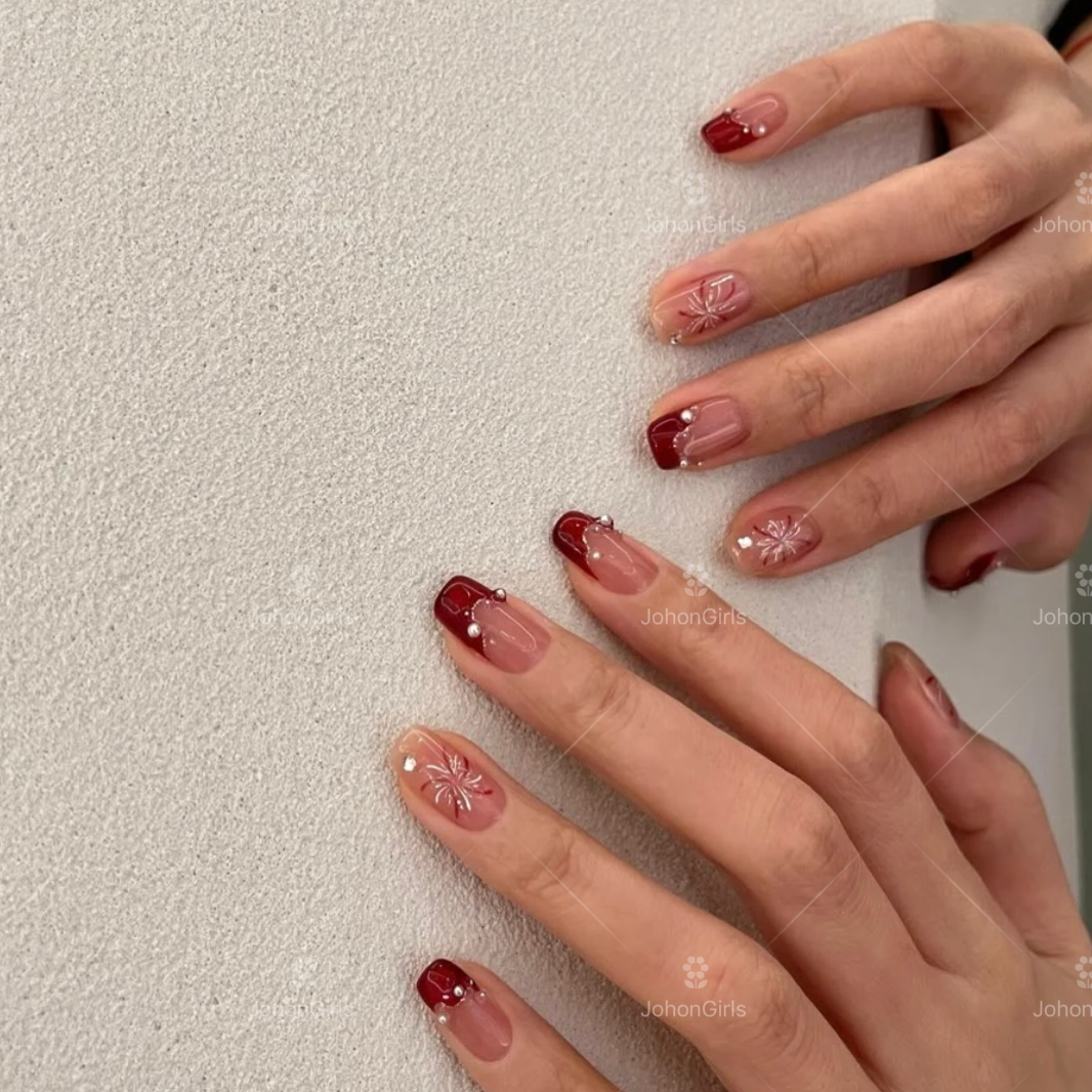 JohonGirls'/琴岛小嫚【烟花玫瑰】手工穿戴甲法式红色烟花显白高级