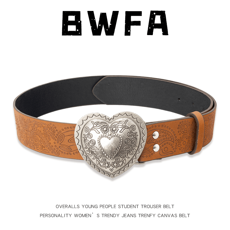 BWFA复古风棕色纹理爱心扣腰带y2k辣妹百搭裙子牛仔裤腰带男女