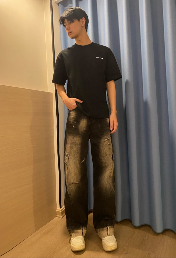 牛仔裤百搭宽松阔腿高街做旧休闲直筒男士多袋工装潮牌百搭全喷