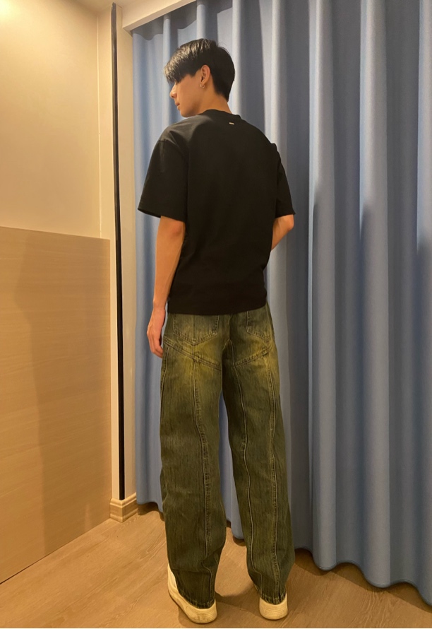 2024最新多工艺牛仔拼接欧美直筒裤怀旧色纳米水洗潮牌百搭牛仔裤