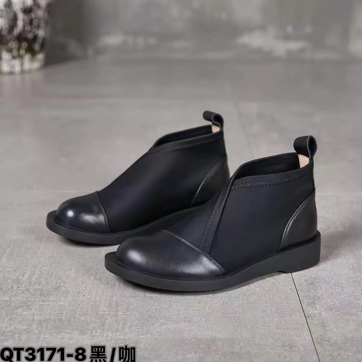 秋季英伦风拼接一脚蹬短靴3171-8