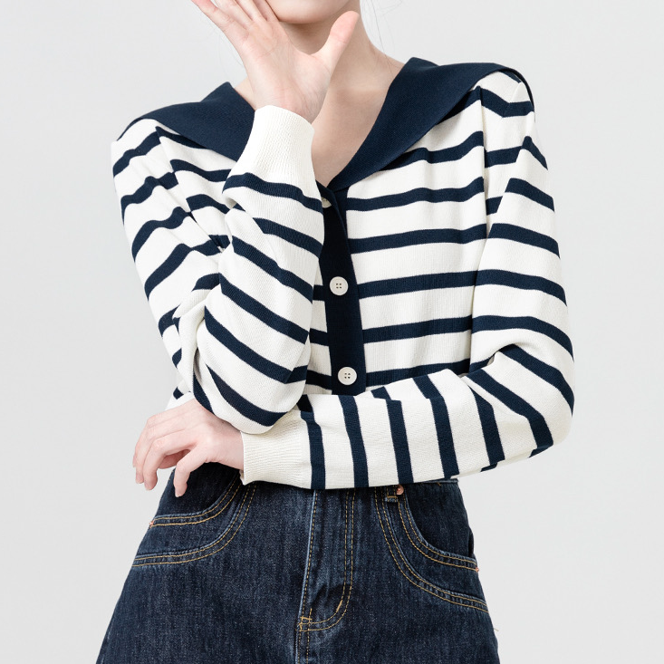 A04-海军领长袖针织开衫秋季2025新款设计感小众撞色上衣