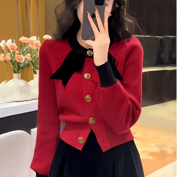 A05结领法式带加厚毛衣开衫女2024春复古气质小香风泡泡袖针织衫