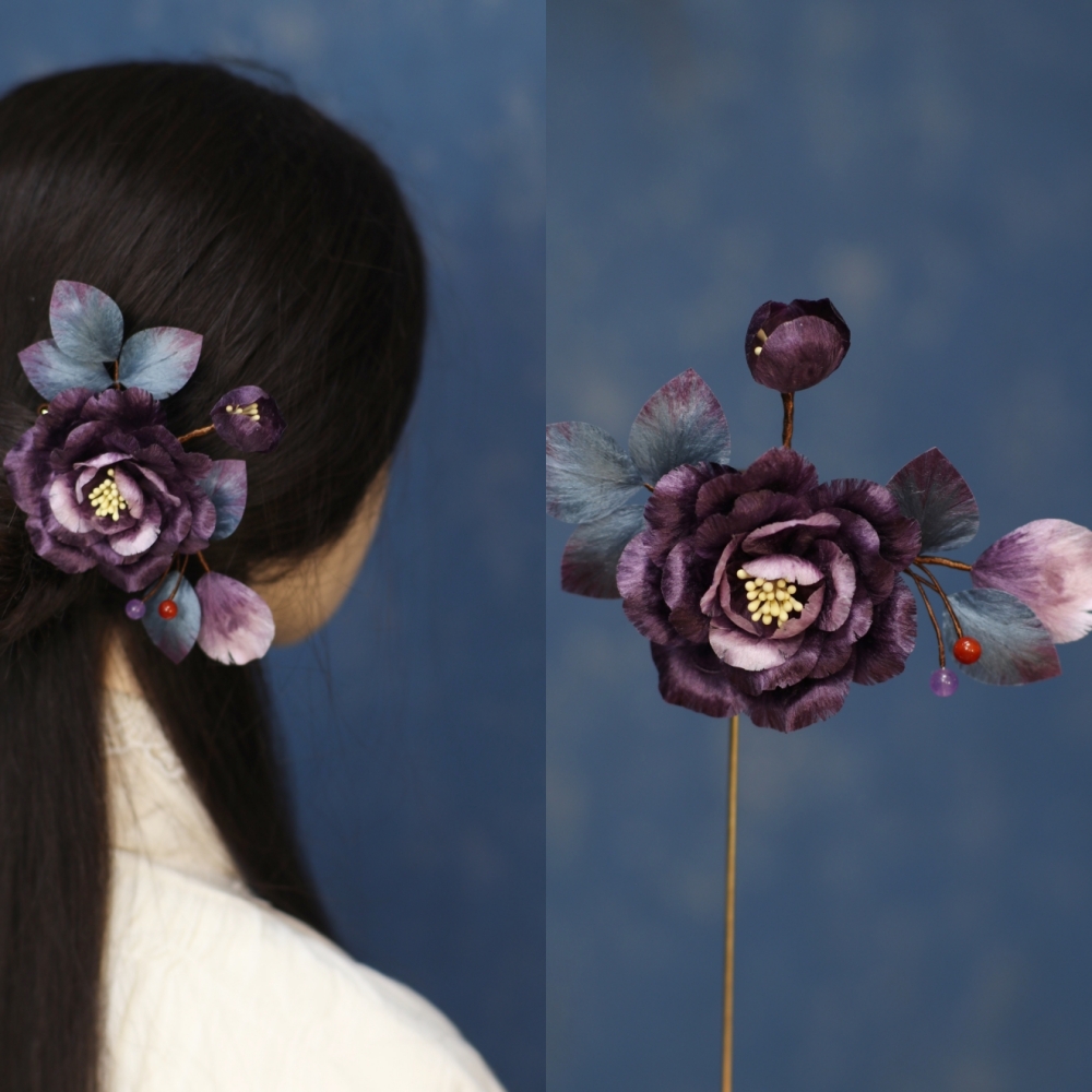 【福利款】非遗桑蚕丝绒花牡丹发夹纯手工古风