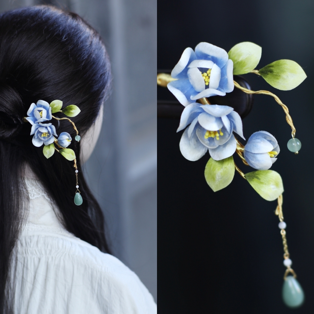 隐木【清风】非遗桑蚕丝绒小蓝花清雅中式摆件