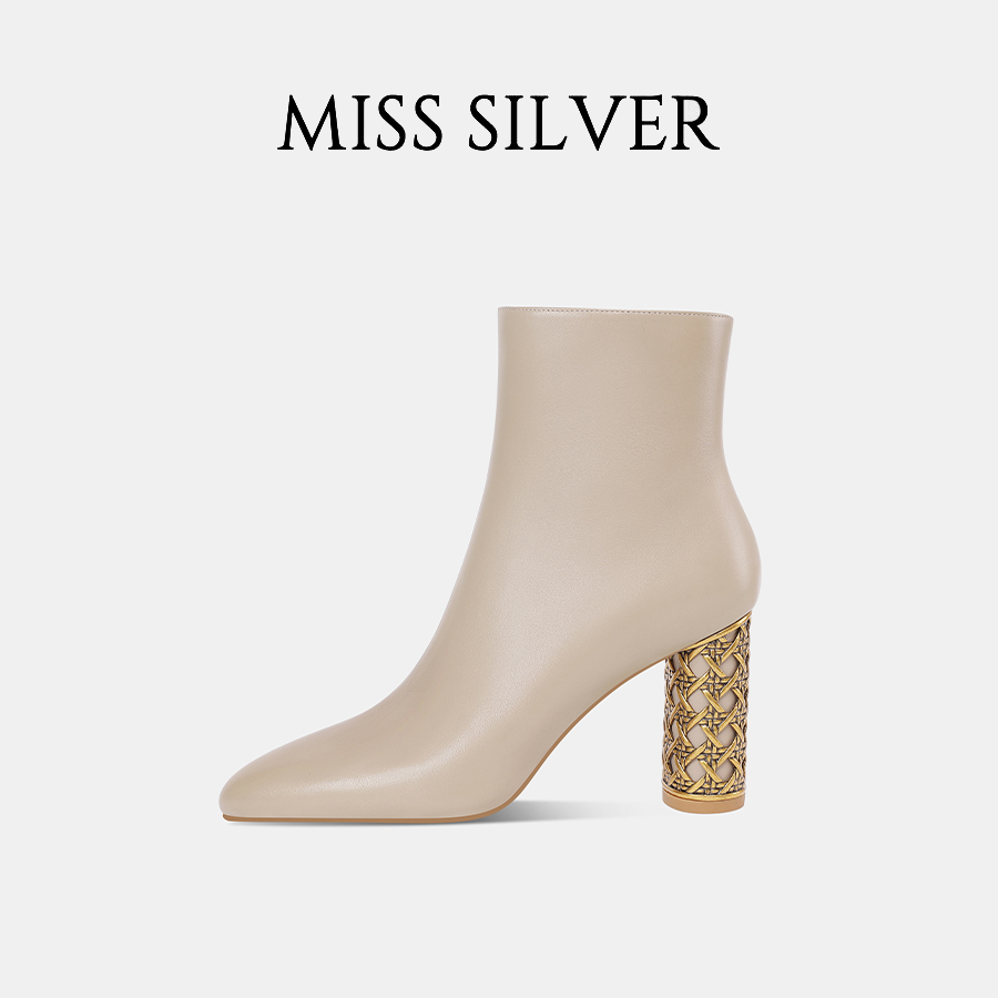 【鎏羽】MISSSILVE粗跟短靴女秋冬新款真皮时尚细跟女靴气质