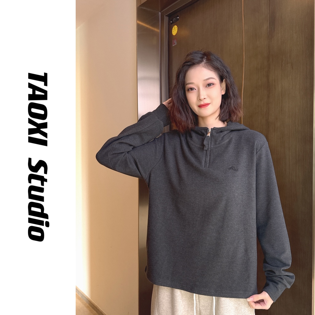 [TAOXI]2024新款设计感简约半拉链T恤气质连帽女德绒打底长袖上衣