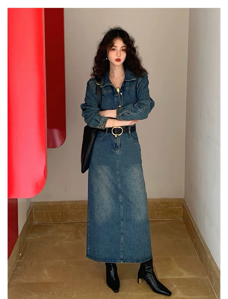 酒午港风复古春季慵懒风高腰显瘦牛仔连衣裙长袖衬衫中长款裙子女