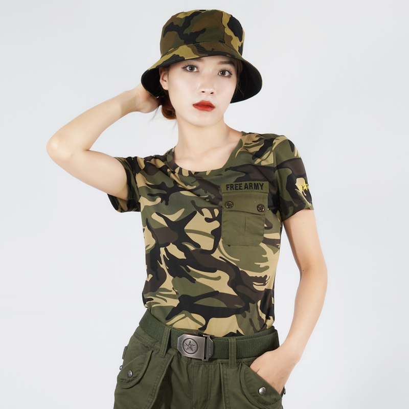 迷彩短袖女t恤休闲圆领时尚显瘦女夏季户外百搭弹力81239A军绿