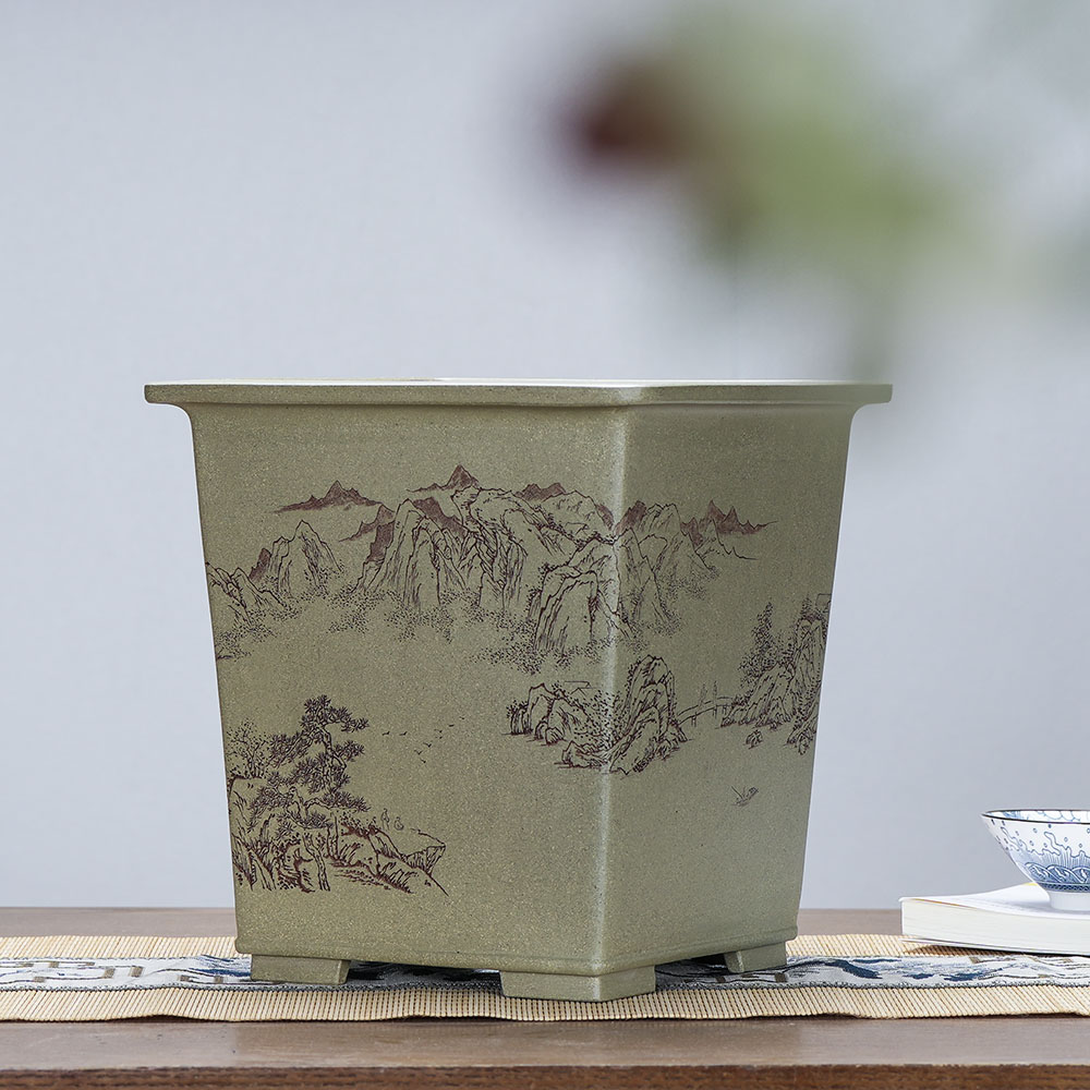 宜陶世家宜兴紫砂花盆全手工四方盆通刻山水本山绿春兰蕙兰君子兰