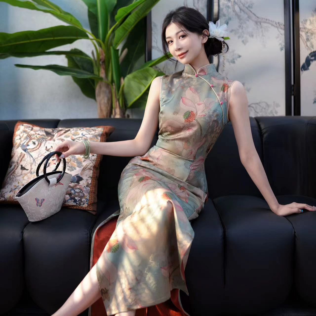 【尔尔古典美学】复古新中式旗袍吊带【粉荷】春夏修身旗袍显瘦
