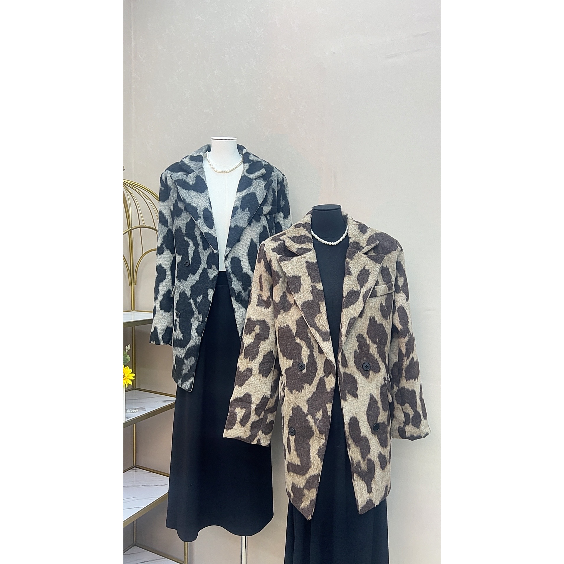港风复古豹纹西装毛呢外套小众加厚高级感大衣