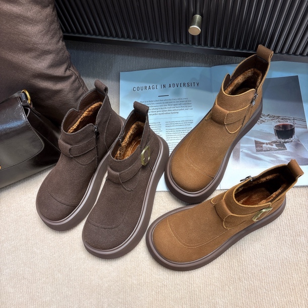 新款冬季厚底马丁靴雪地靴加绒增高侧拉链复古时尚圆头勃肯鞋