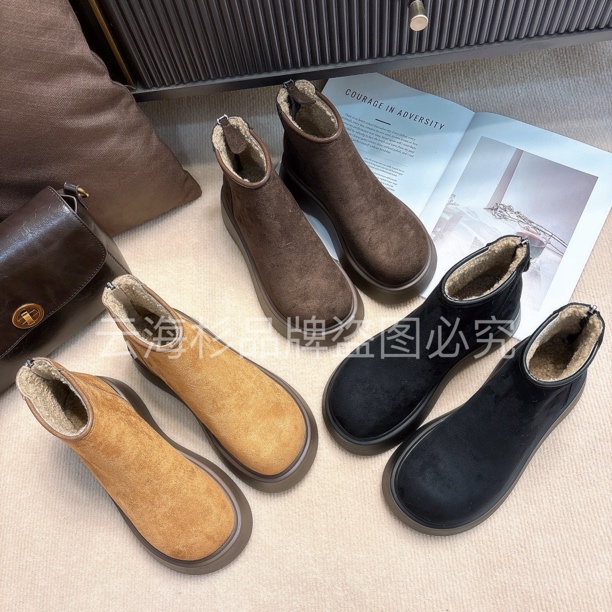 冬季新款厚底马丁靴女加绒增高后拉链复古时尚勃肯鞋短靴时尚保暖