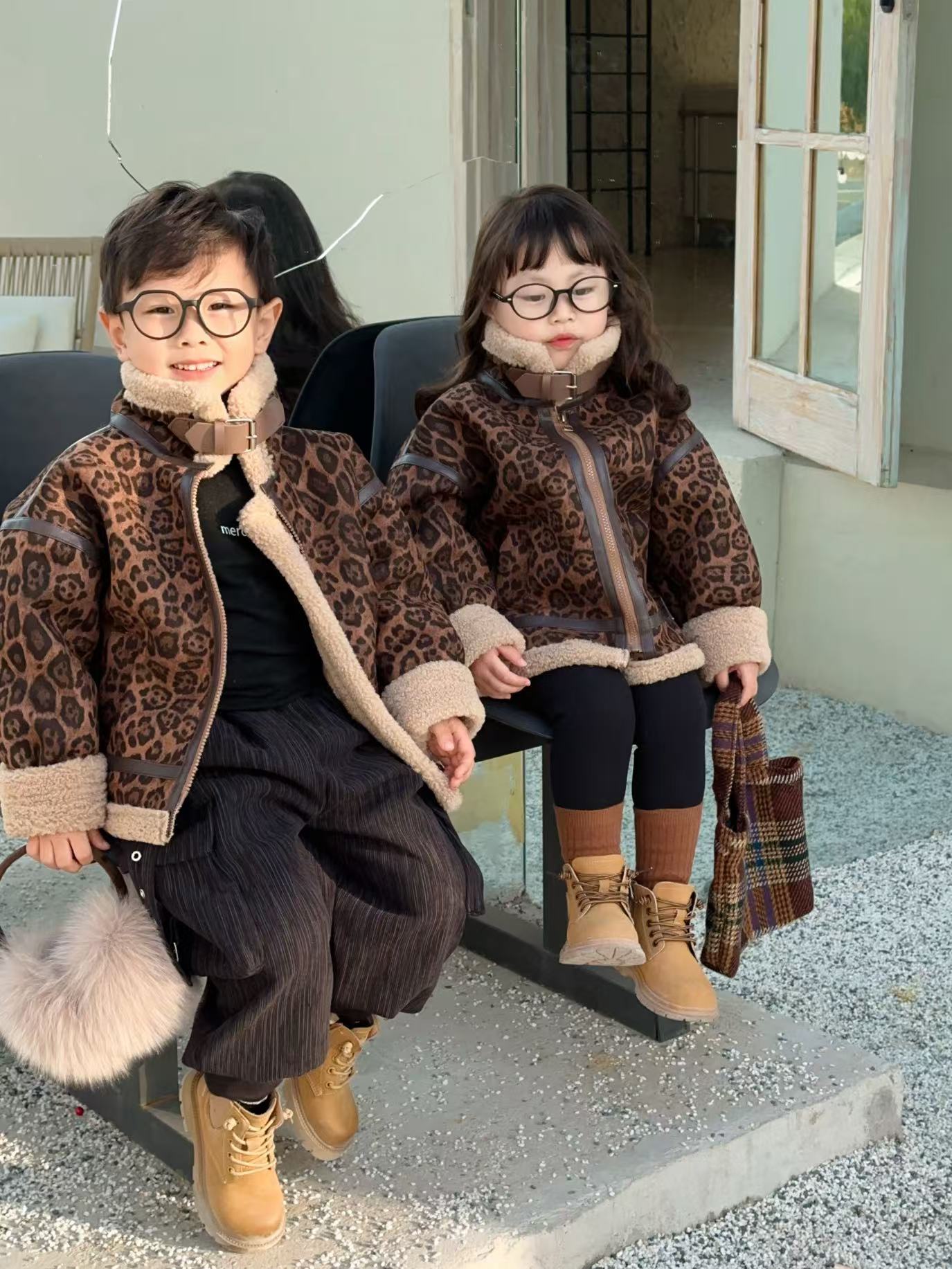 冬季新款豹纹加绒加厚皮毛一体机车服冬季洋气时尚羊羔外套保暖