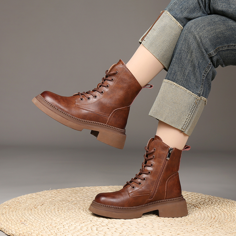 真皮马丁靴女英伦风2023秋季新款厚底短靴小个子增高短靴复古单靴