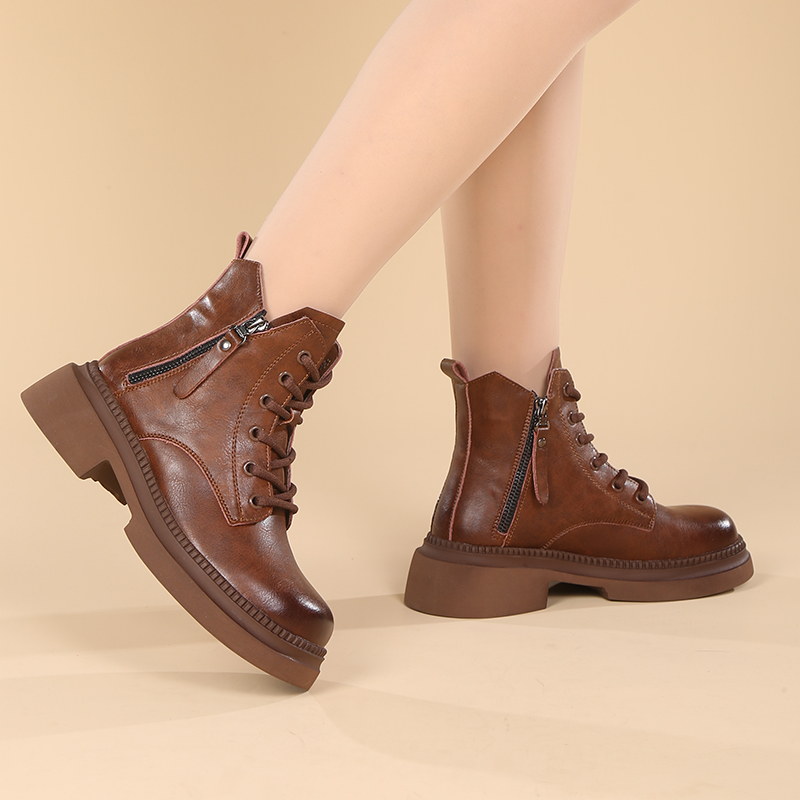 靴子女全牛皮真皮短靴软底韩式裸靴英伦风高帮女鞋软面短款马丁靴