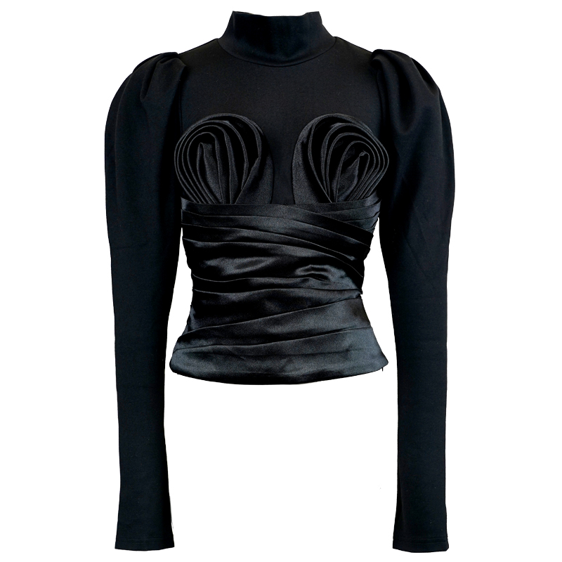 SUNGDOGIN黑色褶裥玫瑰高领气质上衣24AT004