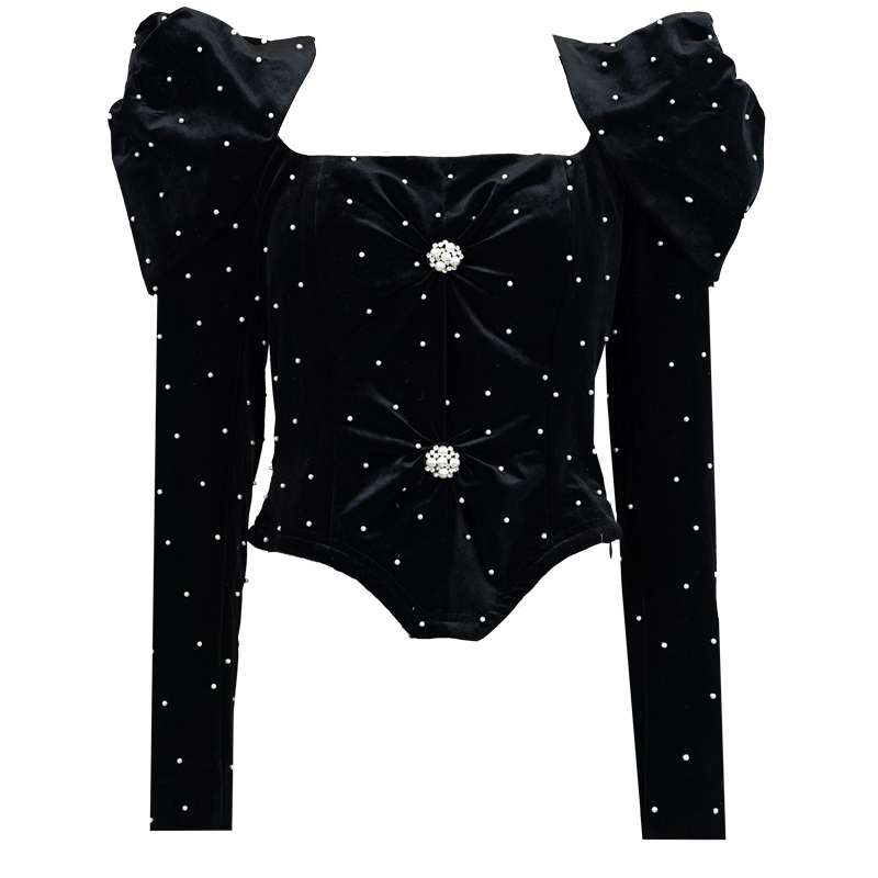 SUNGDOGIN黑色立体纽结珍珠丝绒方领礼服上衣24AT002