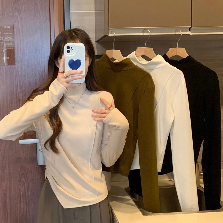 3新款秋冬德绒打底衫女不规则长袖T恤保暖内搭ins半高领上衣潮A16