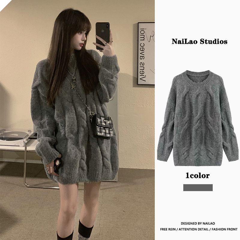 粗线大麻花中长款毛衣 秋冬款2022韩系软糯慵懒风小众加厚上衣A11