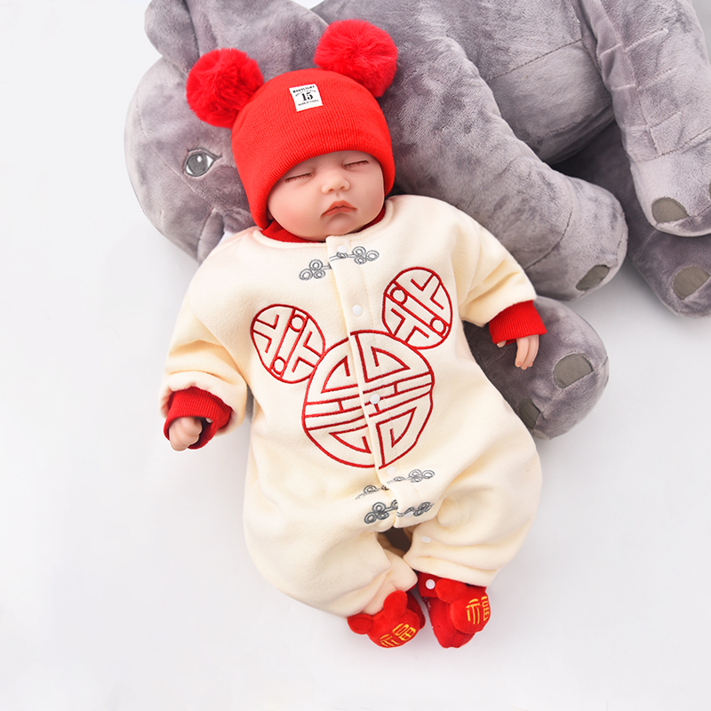 宝宝连体衣秋装中国风纯棉新生儿满月衣服保暖加绒冬季外出过年服