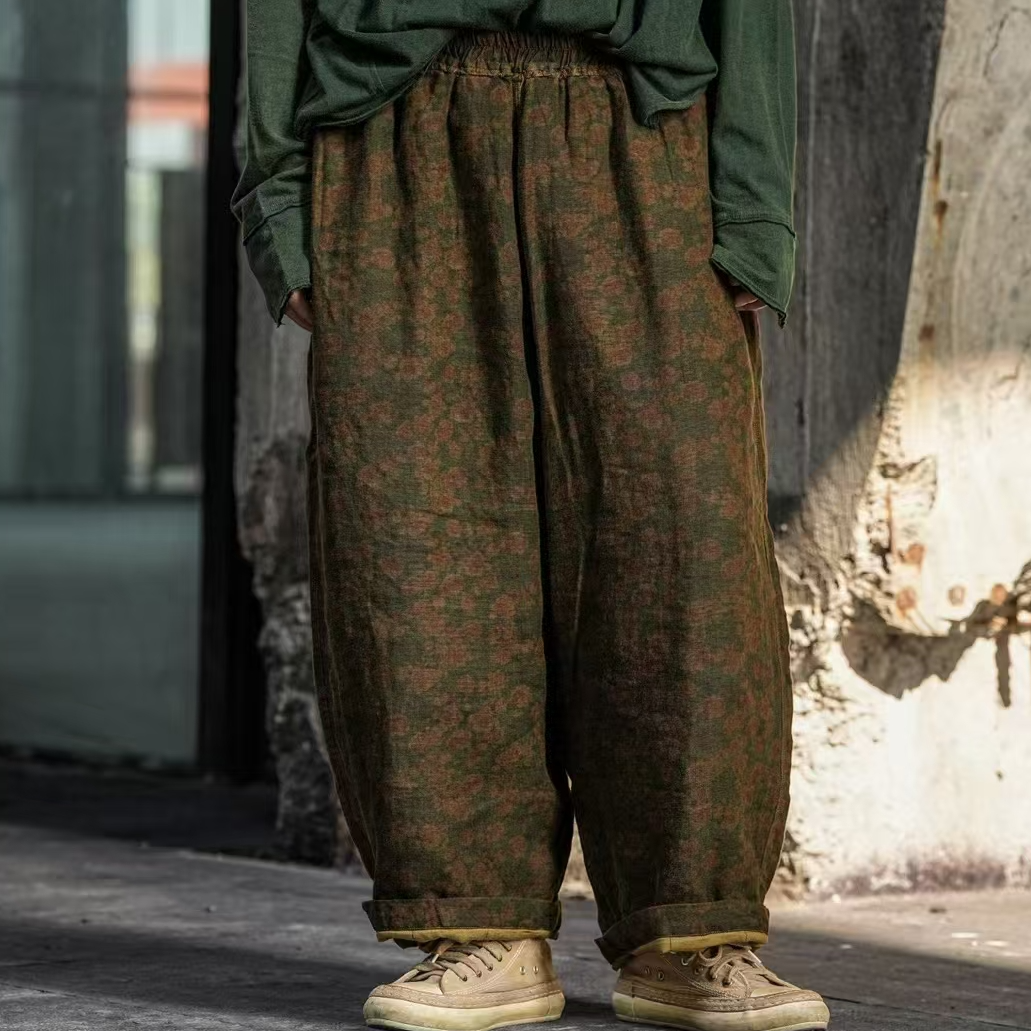 原创麻依者面麻里棉雏菊花做旧直筒棉长裤2024冬M-021【福利款】