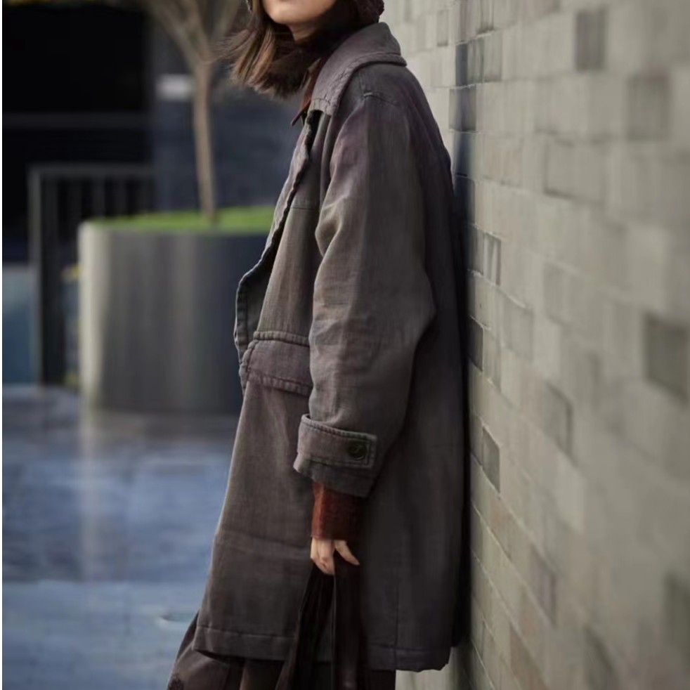 原创麻依者双麻西服领双排扣中长款棉服2023冬1149