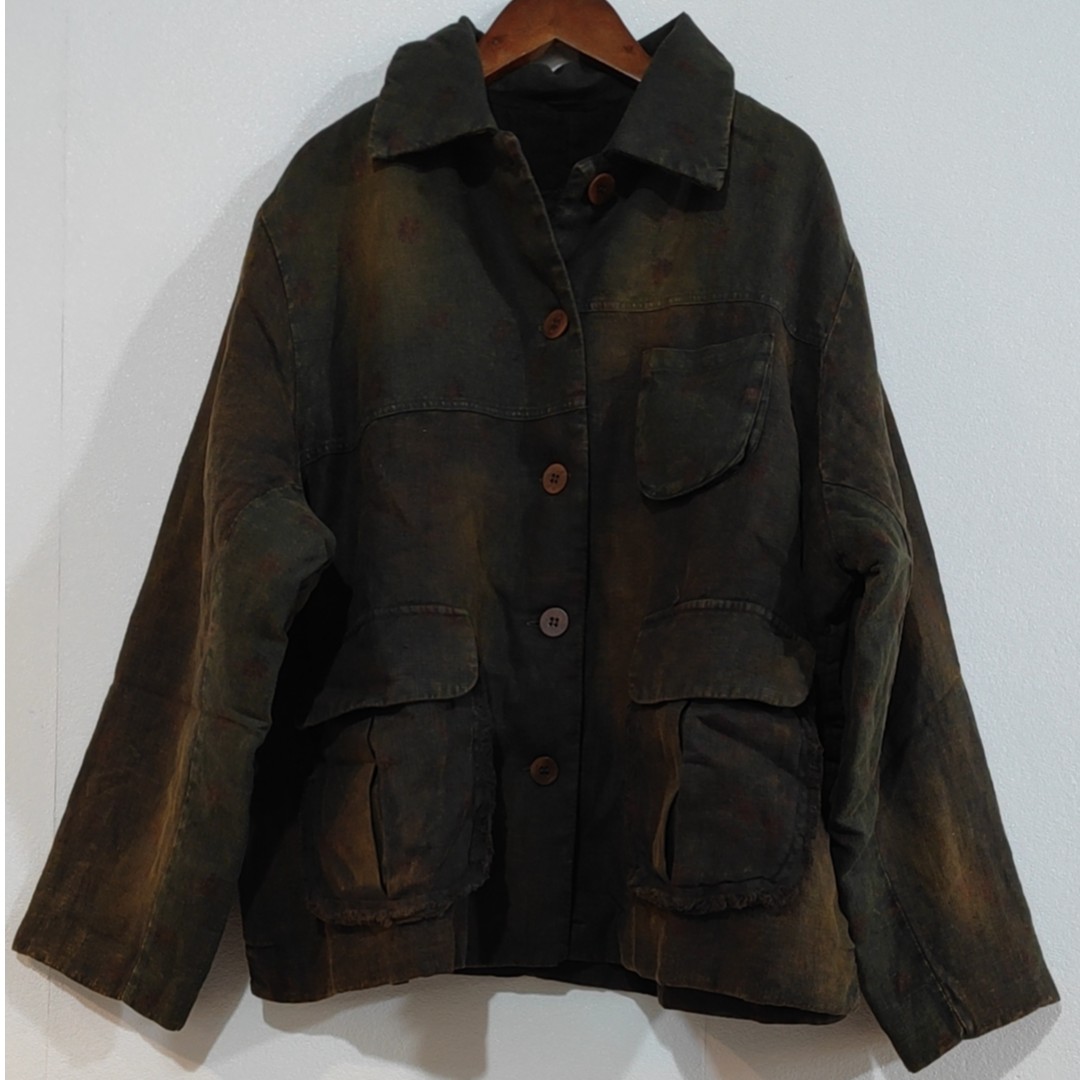 原创麻依者双麻夹棉方领单排扣短款棉上衣2023冬1168