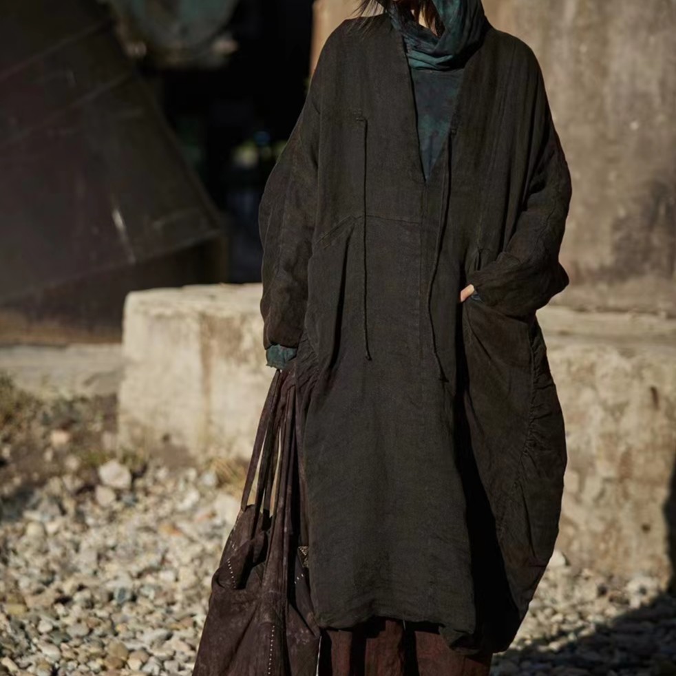 原创麻依者暗花双麻V领套头棉袍2023冬1163